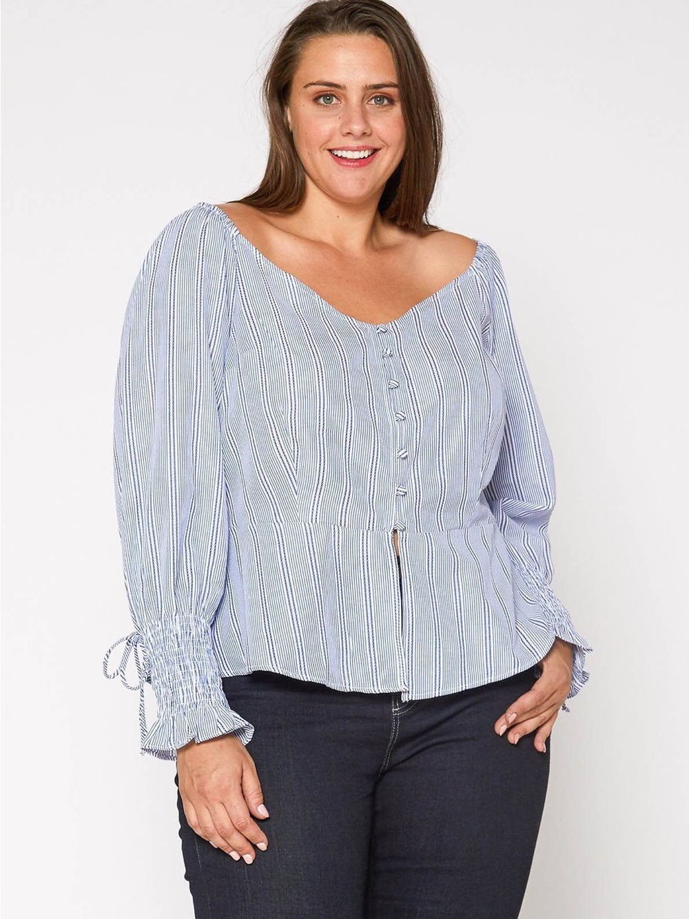 Light Blue Striped Peasant Blouse with Button Front